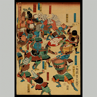 A riot of samurai their heads replaced by objects