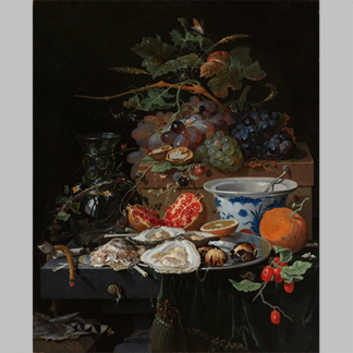 Abraham Mignon Still Life with Fruit Oysters and a Porcelain Bowl