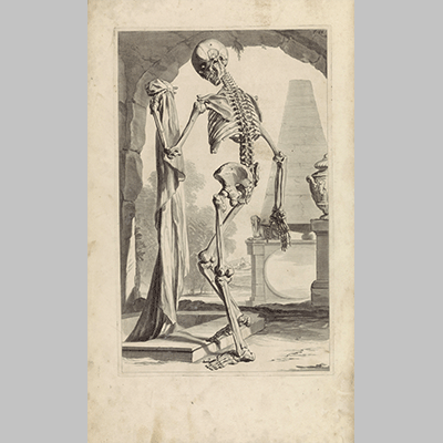 Anatomische model van een menselijk skelet achterkant Pieter van Gunst naar Gerard de Lairesse 1685