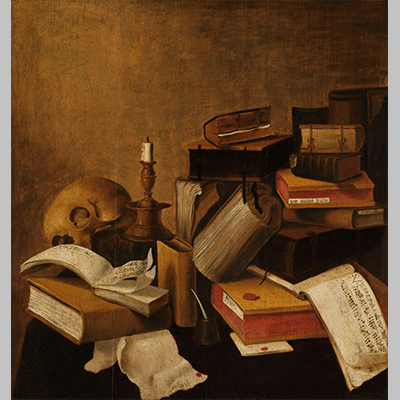 Anonymous Vanitas stilleven met boeken c1630