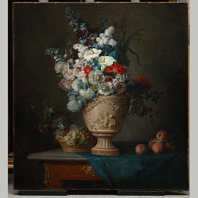 Vallayer Coster Bouquet of Flower s in a Terracotta Vase with Peaches and Grapes 1