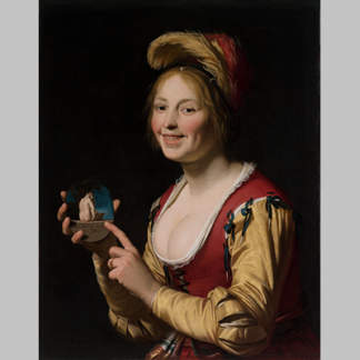 Gerrit van Honthorst Smiling Girl a Courtesan Holding an Obscene Image 1625