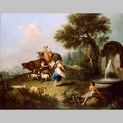 Francesc Zuccarelli Landscape with a Fountain Figures and Animals