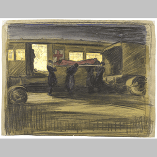 Camiers Siding a Vad convoy unloading an ambulance train at night after the Battle of the Somme
