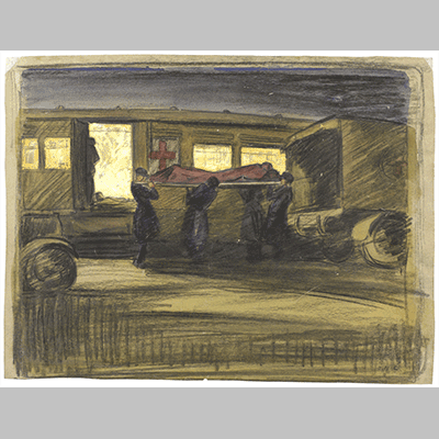 Camiers Siding a Vad convoy unloading an ambulance train at night after the Battle of the Somme