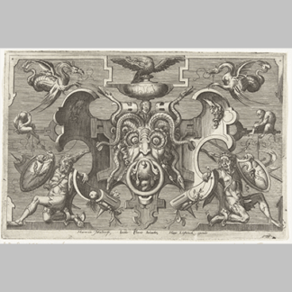 Cartouche waarop een mascaron zit met slangen als haren, Harmen Jansz Muller, after Jacob Floris, 1564