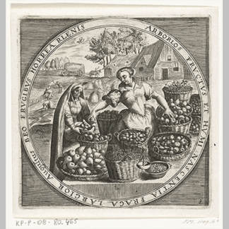 De maand augustus fruitverkoopster ca. 1600 anonymous after Crispijn van de Passe I