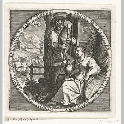 De maand juli doedelzakspeler en vrouw met kruik ca. 1600 anonymous after Crispijn van de Passe I after Maerten de Vos