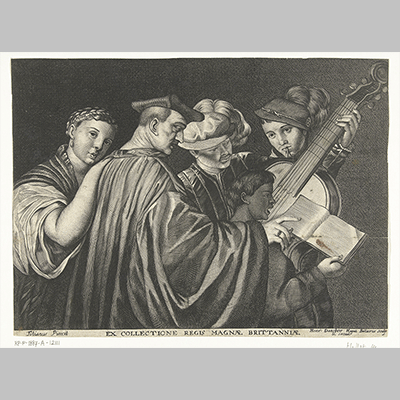 Drie mannen vrouw en jongen zingen en spelen op muziekinstrumenten Hendrick Danckerts after Titiaan 1635 1679