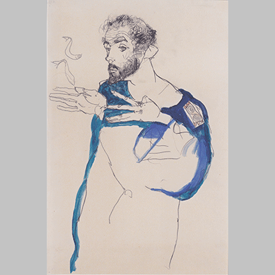 Egon Schiele Gustav Klimt im blauen Malerkittel 1913