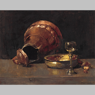 Emil Carlsen - Still Life with Copper Utensils and Wine Glass on a Table