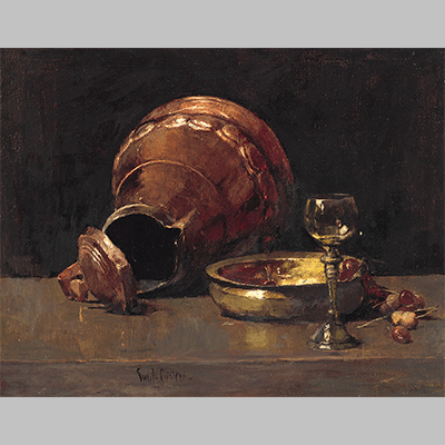 Emil Carlsen - Still Life with Copper Utensils and Wine Glass on a Table