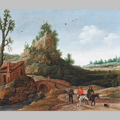 Esaias van de Velde A landscape with travellers crossing a bridge before a small dwelling, horsemen in the foreground