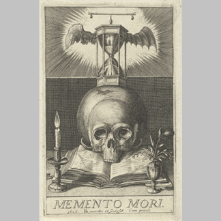 Hendrick Hondius Titelprent met een schedel en een zandloper 1626