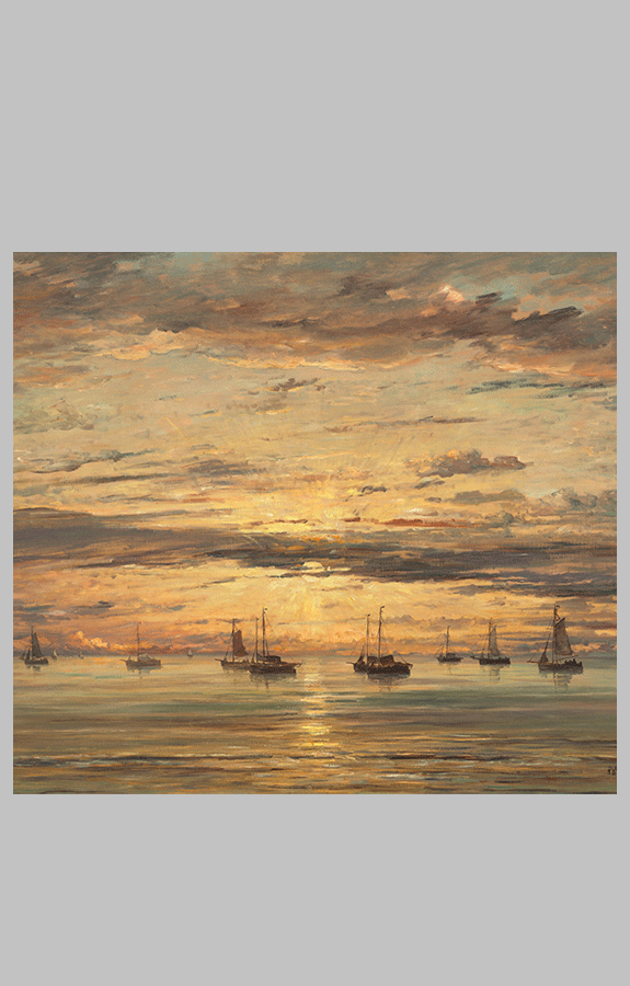 Hendrik Willem Mesdag sunset at scheveningen a fleet of fishing vessels at anchor