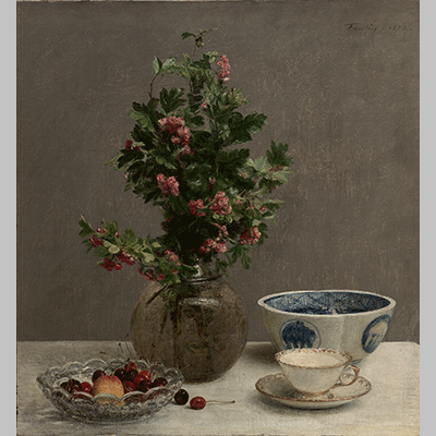 Henri Fantin Latour Still Life with Vase of Hawthorn Bowl of Cherries Japanese Bowl and Cup and Saucer