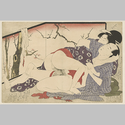 Kitagawa Utamaro Couple making love next to a folding screen