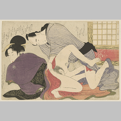 Kitagawa Utamaro Geisha and lover at detached folding screen