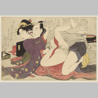 Kitagawa Utamaro Geisha in kimono with long sleeves and her lover