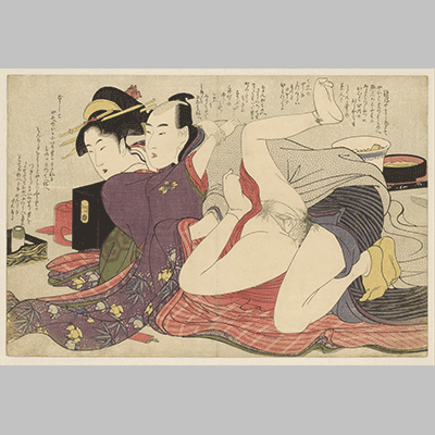 Kitagawa Utamaro Geisha in kimono with long sleeves and her lover