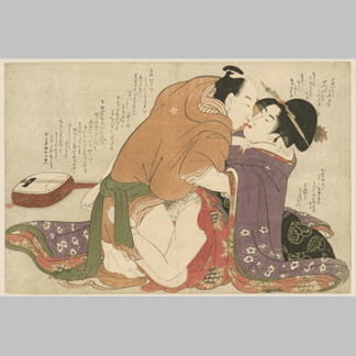 Kitagawa Utamaro Young citizen's daughter with lover at a shamisen