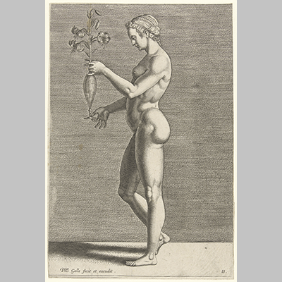 Naakte vrouw in profiel naar links. Philips Galle 1589 1