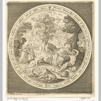 Nicolaes de Bruyn Zesde dag van schepping God schept de dieren en Adam en Eva