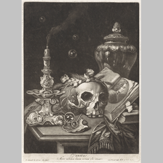 Pieter Schenk Vanitasstilleven met een bloembekranste schedel