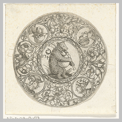 Rond blad met beer die de doedelzak bespeelt Monogrammist CG Duitsland c. 1534