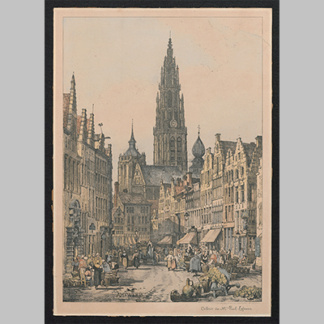Samuel Prout De Eiermarkt Antwerpen met de toren van de kathedraal vanachter
