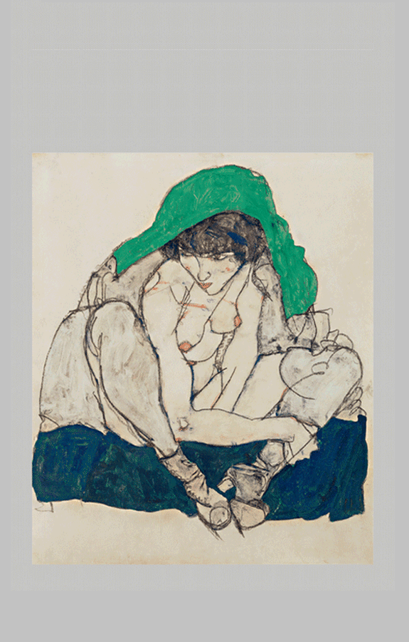 Schiele Crouching Woman with Green Headscarf sq