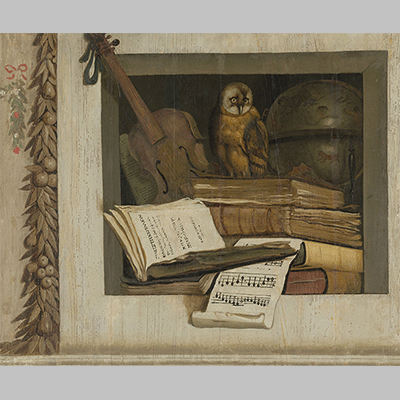 Still Life with Books Sheet Music Violin Celestial Globe and an Owl Jacob van Campen 1645 1650