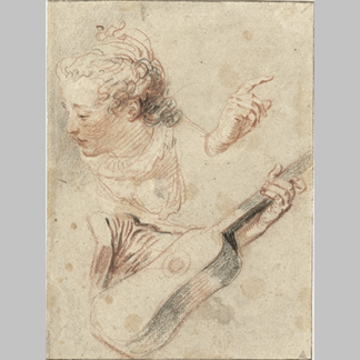 Studieblad met een neerziend meisjeskopje een gitaar en de handen die ze bespelen Jean Antoine Watteau 1705 1721