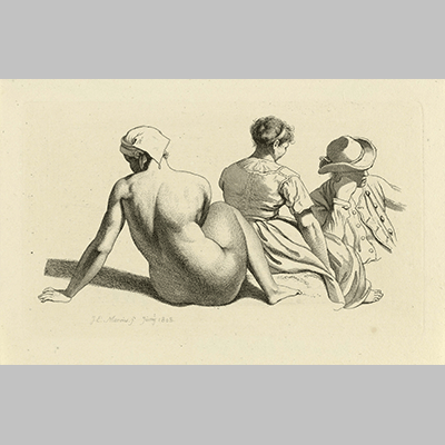 Studieblad met een zittend naakt en twee figuren, Jacob Ernst Marcus, 1808