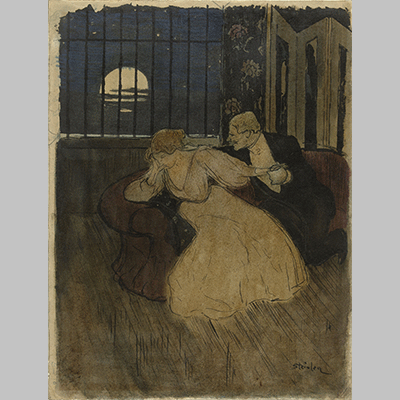 Theophile Alexandre Steinlen Gentleman tries to persuade a doubting lady on a sofa