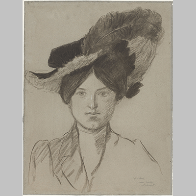 Théophile Alexandre Steinlen - Portret van een dame met brede hoed met veren, van voren gezien