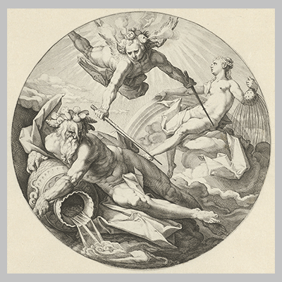 Tweede scheppingsdag scheiding tussen de wateren Jan Harmensz. Muller after Hendrick Goltzius 1589