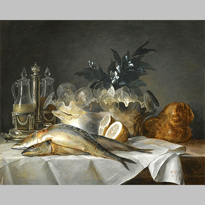 Vallayer Coster Anne Vallayer Coster A still life of macker el glassware a loaf of bread and lemons on a table with a white cloth 2