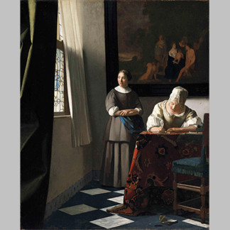Vermeer Lady Writing a Letter with her Maid 1671