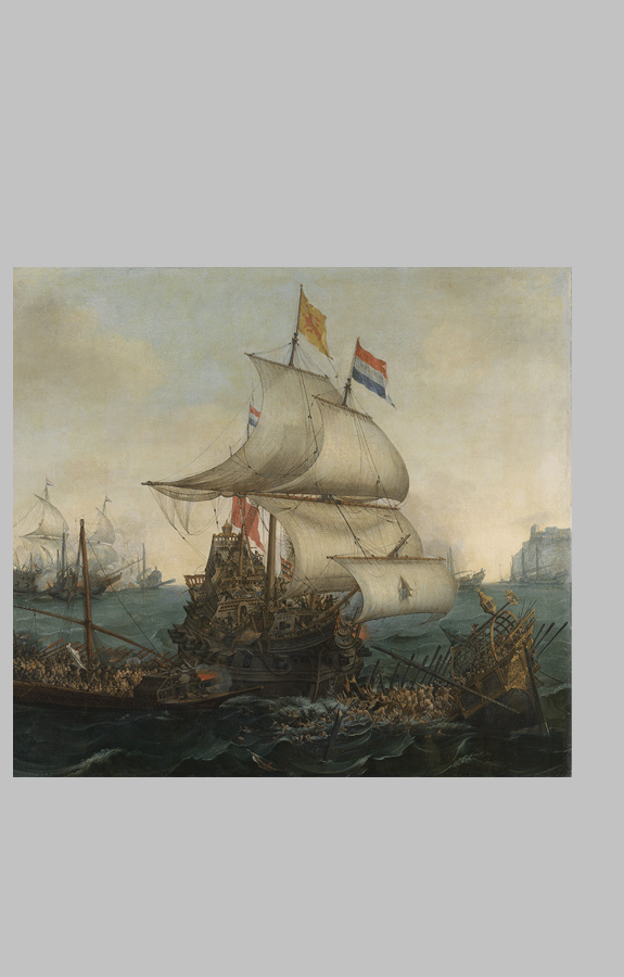 Vroom Hendrick Cornelisz Dutch Ships Ramming Spanish Galleys off the Flemish Coast in October 1602 sq r