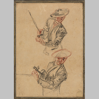 Watteau two studies of a violinist tuning his instrument